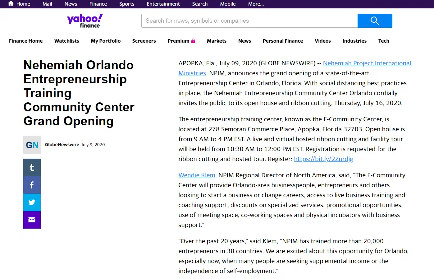 Orlando Center Grand Opening Yahoo Finance - Nehemiah Entrepreneurship Community
